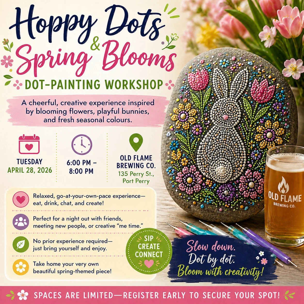 🌸🎨 Hoppy Dots &amp; Spring Blooms Workshop 🌼🐰

Looking for a creative night out? Celebrate the season with a relaxing, beginner-friendly dot-painting workshop inspired by blooming flowers, playful bunnies, and fresh spring vibes.

🗓 Tuesday, Apr