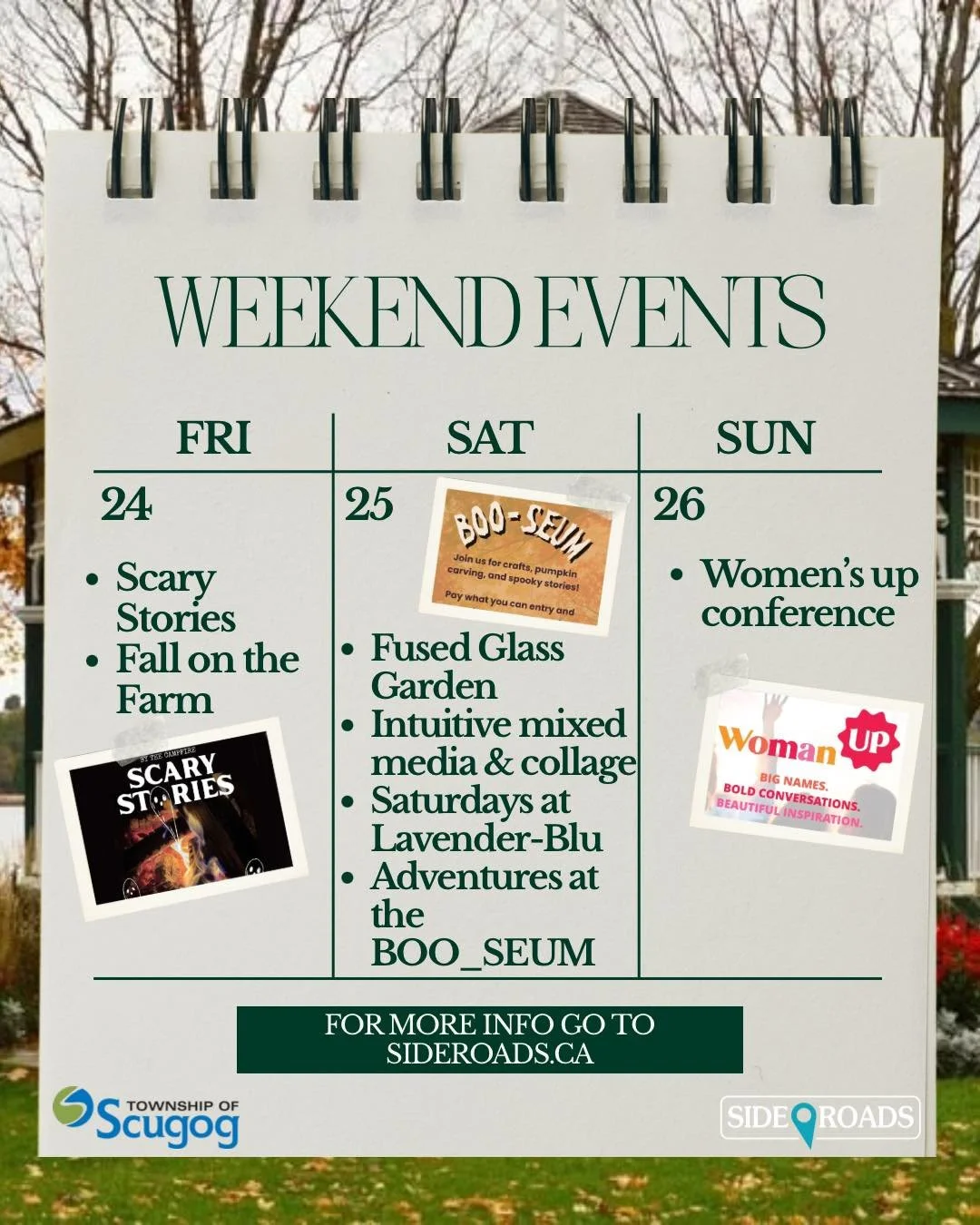 Check out the events happening this weekend along the soderoads!

For more details go to sideroads.ca and to stay
up to date sign-up for our newsletter! #thingstodoinportperry #scugogontario #northdurham #portperry #culture #museumtour #spookyseason 