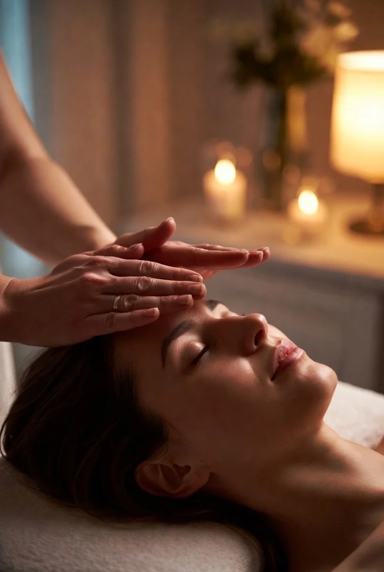 a woman relaxed, with her eyes closed, eceiving a reiki treatment with candles in the background