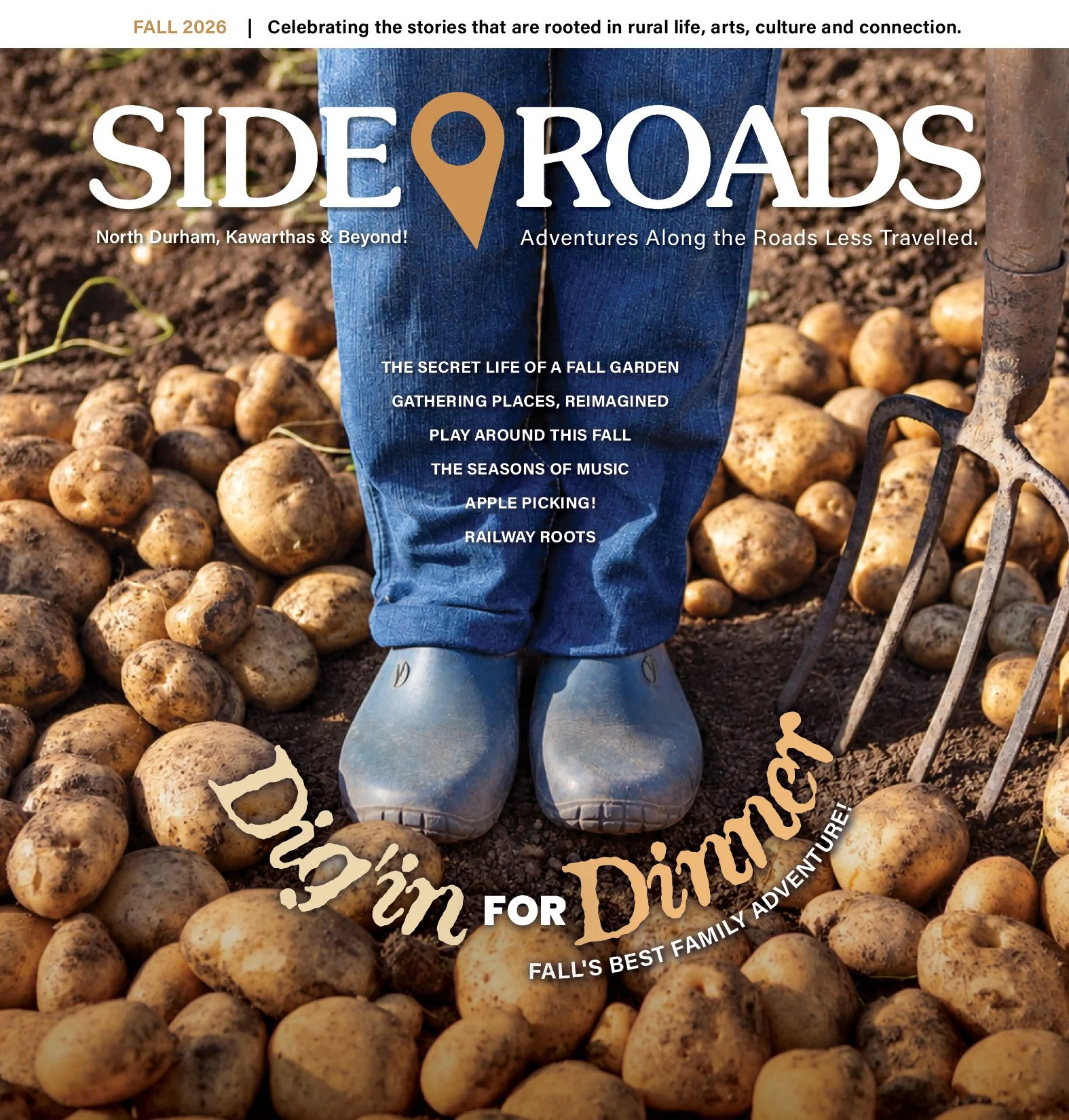 Cover of Sideroads Fall 2026 Magazine showing a close up of boots and a pitch fork with potatoes on the ground