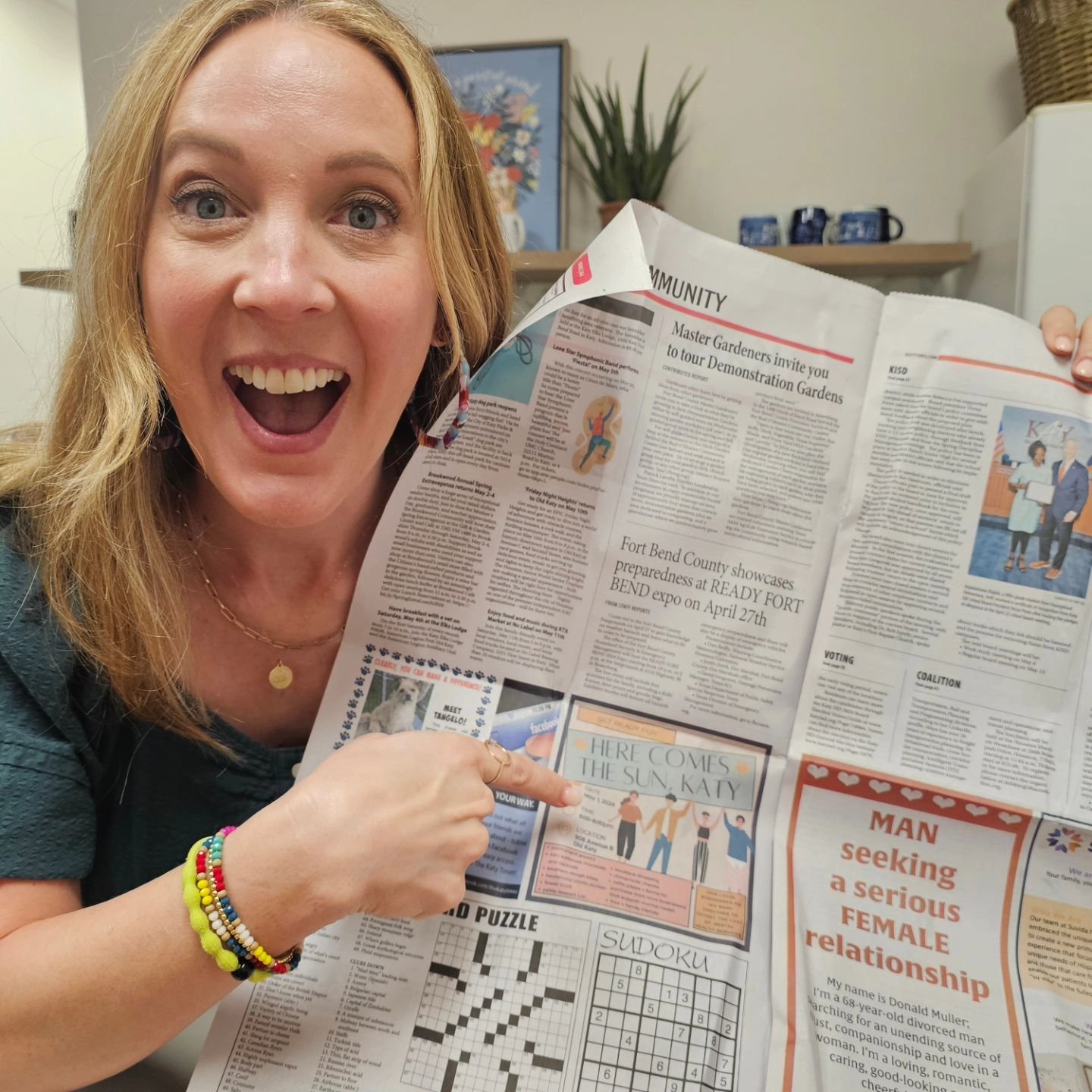 Thank you, @thekatytimes, for advertising about our event Wednesday! 

 Looking forward to celebrating the kickoff to Mental Health Awareness Month with the first annual Here Comes the Sun, Katy Day!

Free workouts,  mental health resources,  photogr