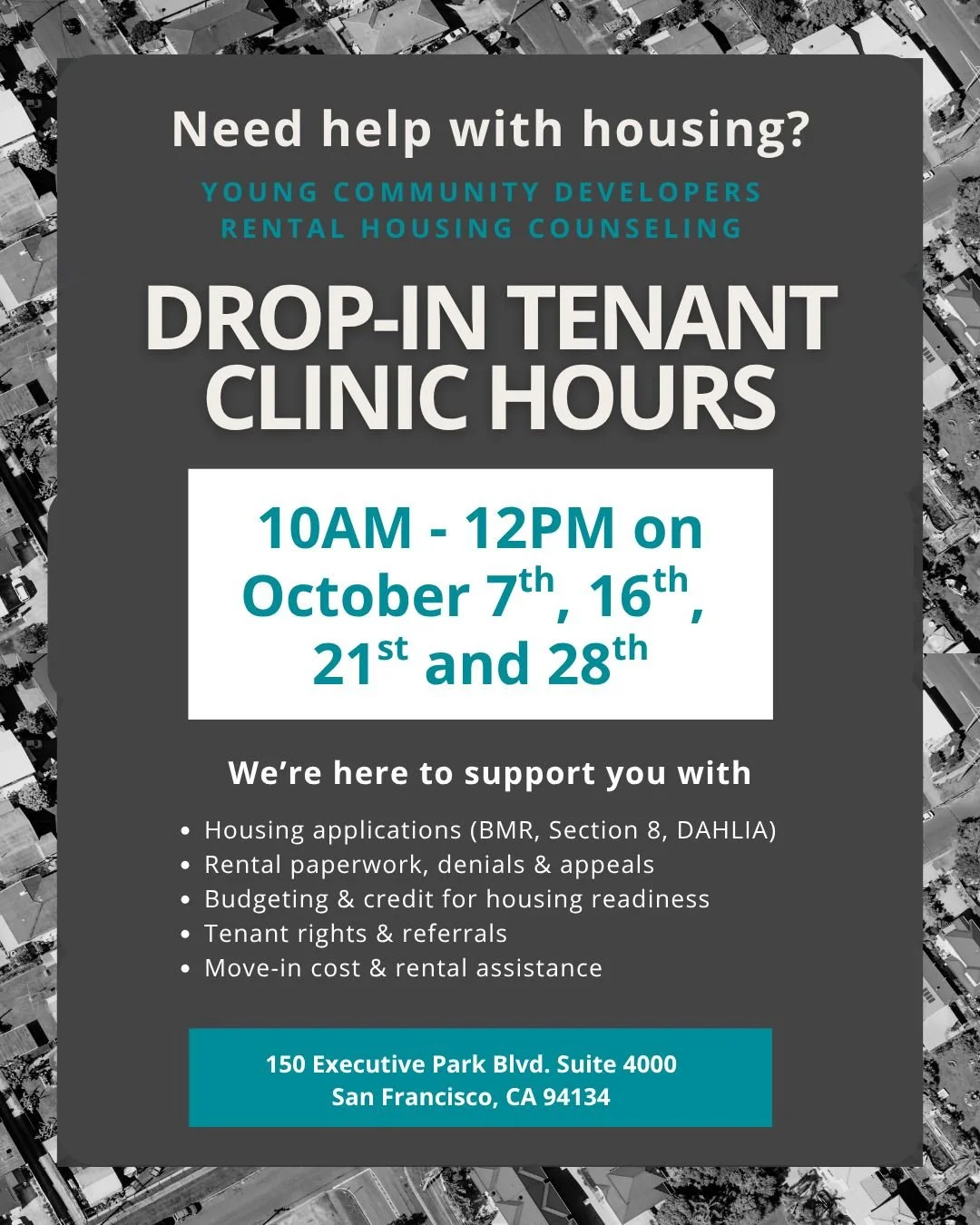👏🏾 Our rental housing drop-in tenant clinic is open! 🏠 
Normally available every Tuesday from 10am to 12pm at 150 Executive Park Boulevard, check out our flyer to see our drop in hours for the month of October. 👀 
We’re here to support you
