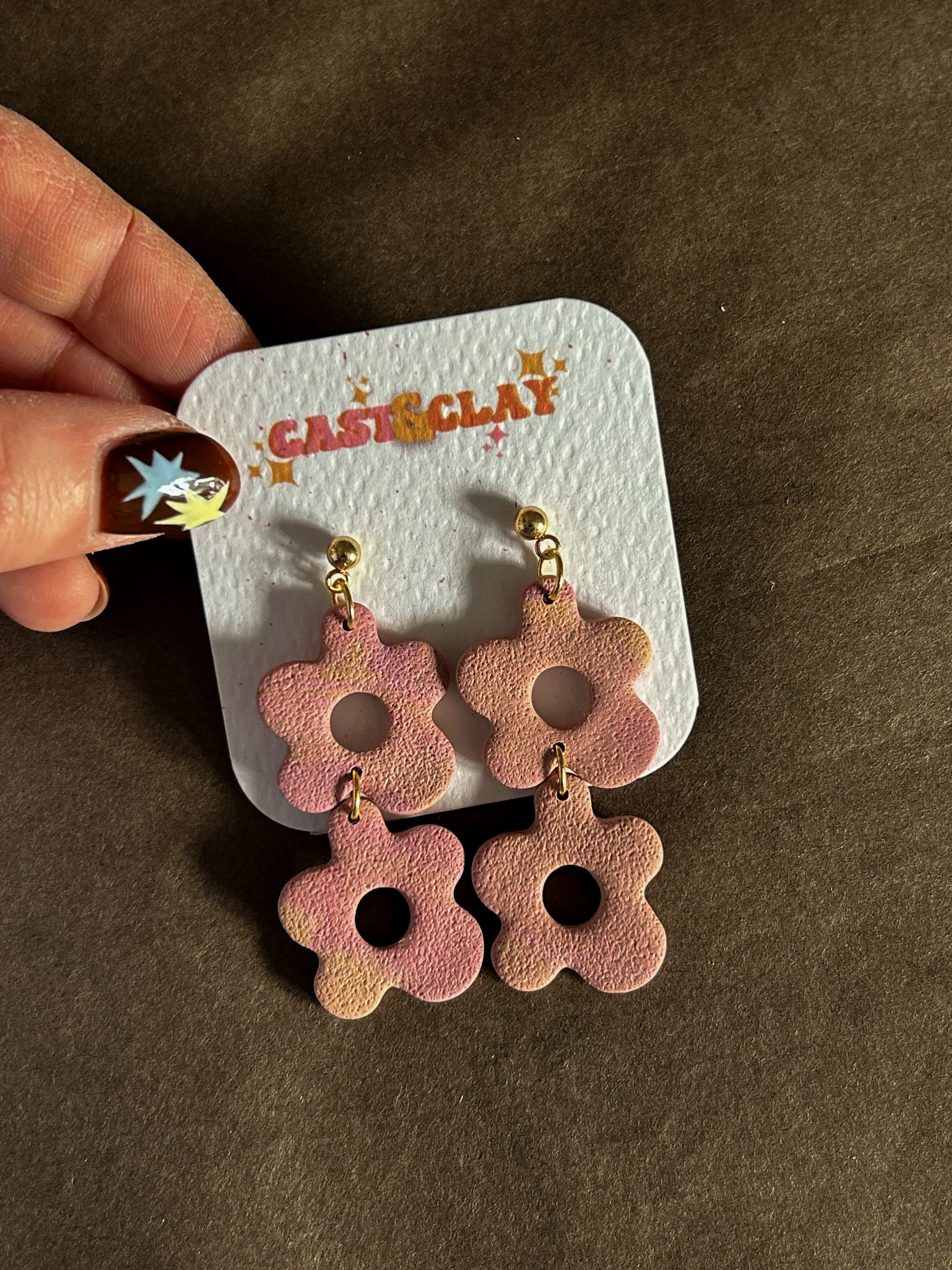 Pink & Beige Flower Drop Earrings - Sample