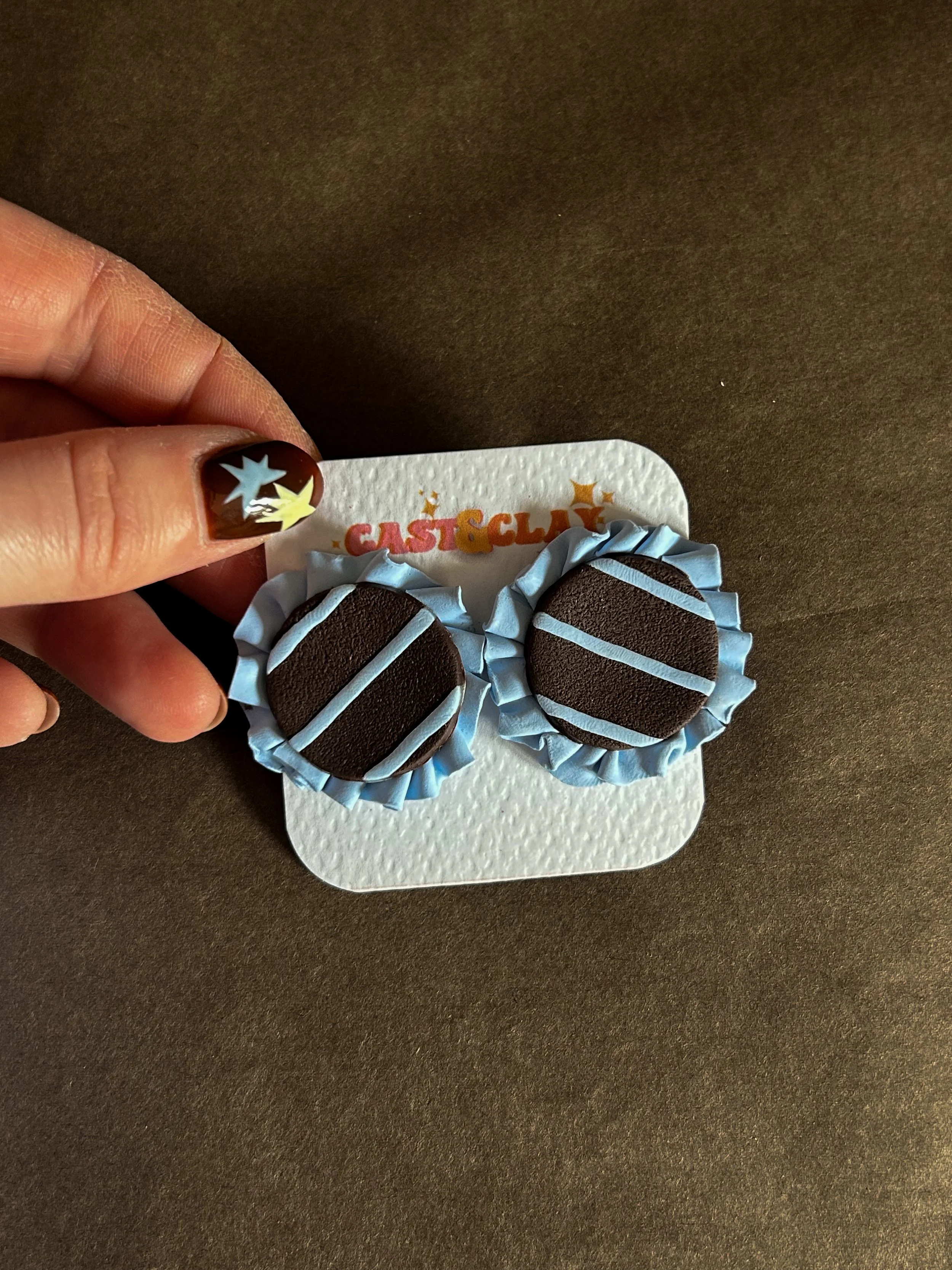 Frilly Stripe Blue & Brown Studs - Sample