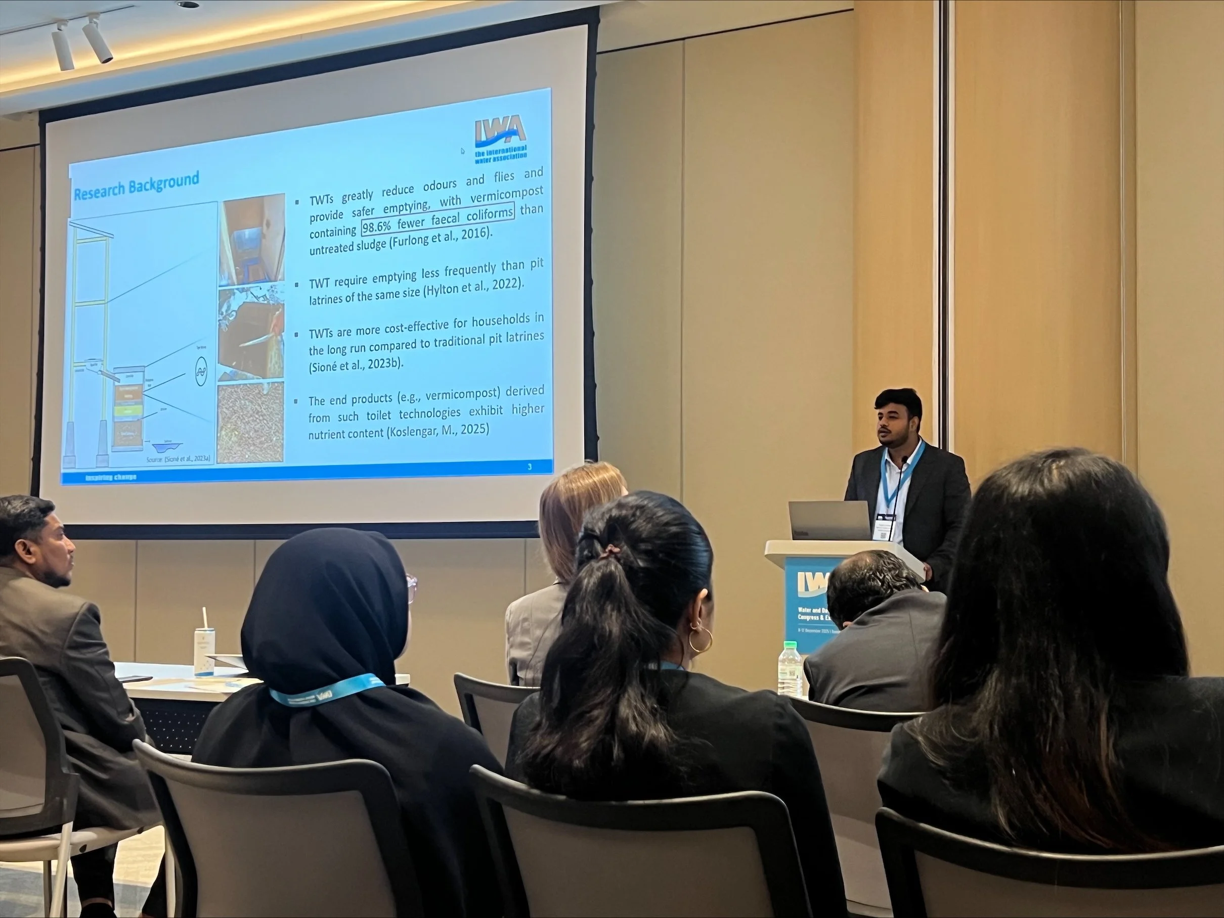 PhD student Yogesh Janardhan Badekar delivers a presentation on assessing tiger worms’ effectiveness at degrading Ascaris eggs in faeces.