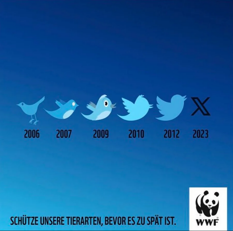 Shows the Twitter icons from 2006, 2007, 2009, 2010, 2012, and the X in 2023. WWF icon at bottom with "protect our wildlife before it's too late"