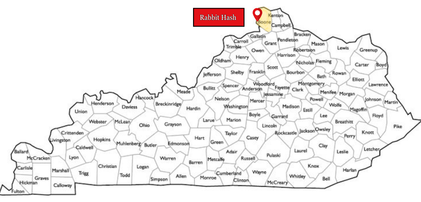 Map of Kentucky with Rabbit Hash marked
