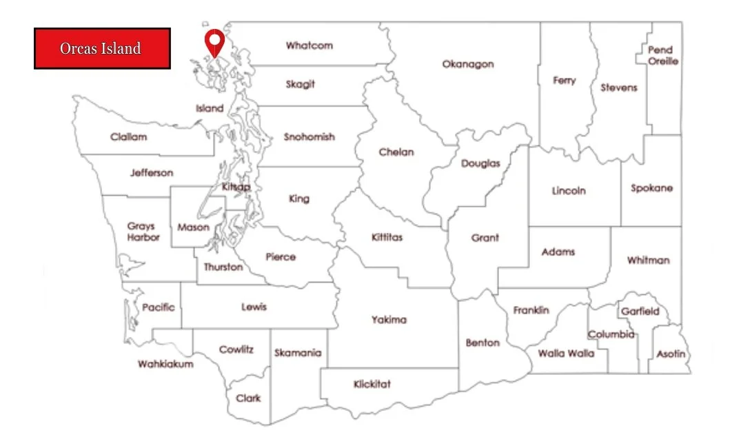 Map of Washington state with Orcas Island marked