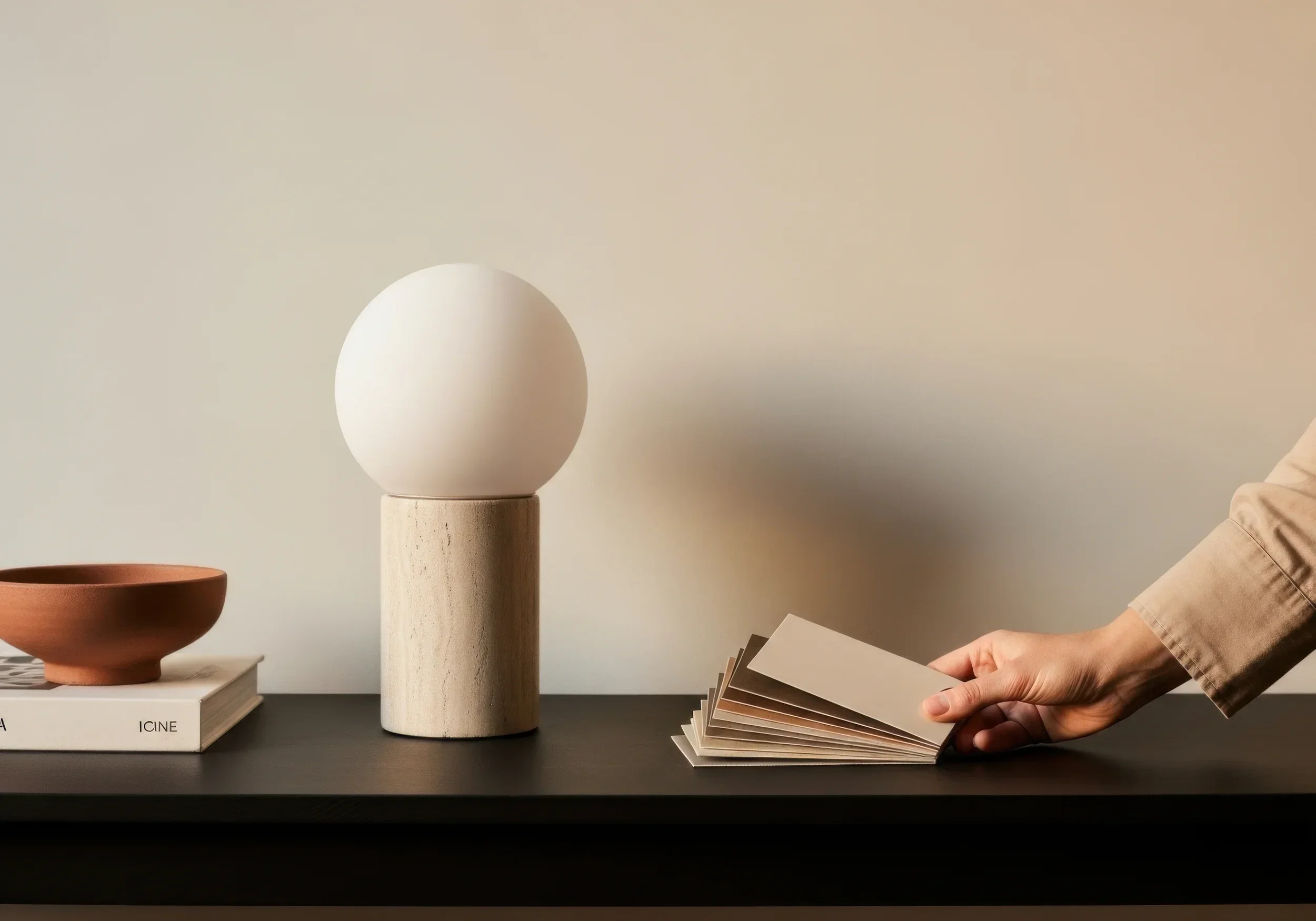 A person holding a fan of beige paint color samples on a black table, with a modern decorative table lamp and a terracotta bowl on top of a book in the background.