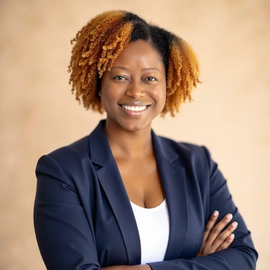 Smiling woman with curly, ombre hair, wearing a navy blazer and black top, indoors with blurred background
