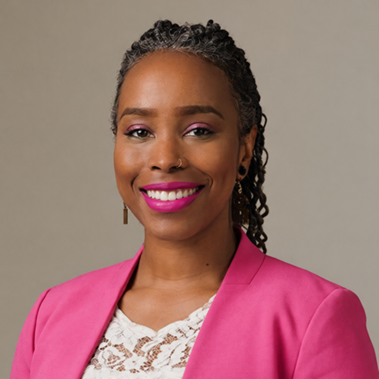 smiling woman wearing a pink blazer with braids