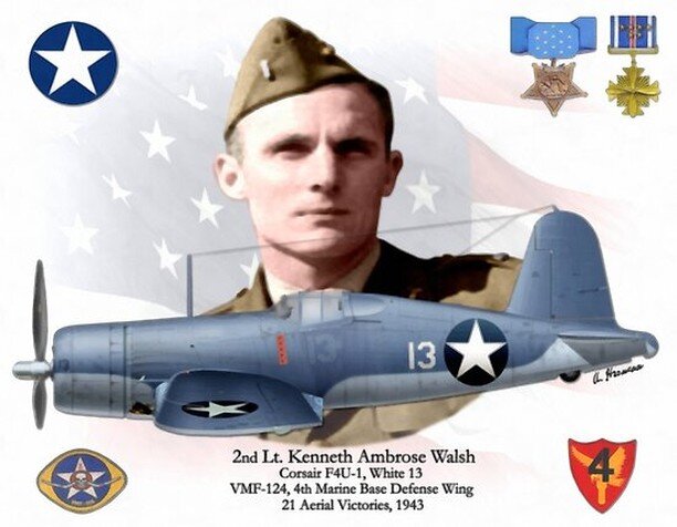 #OTD August 30, 1943

First Lieutenant Kenneth A. Walsh, pilot in Marine Fighting Squadron 124, U.S. Marine Corps. 

Solomon Islands area, 15 and 30 August 1943.

Citation: For extraordinary heroism and intrepidity above and beyond the call of duty a