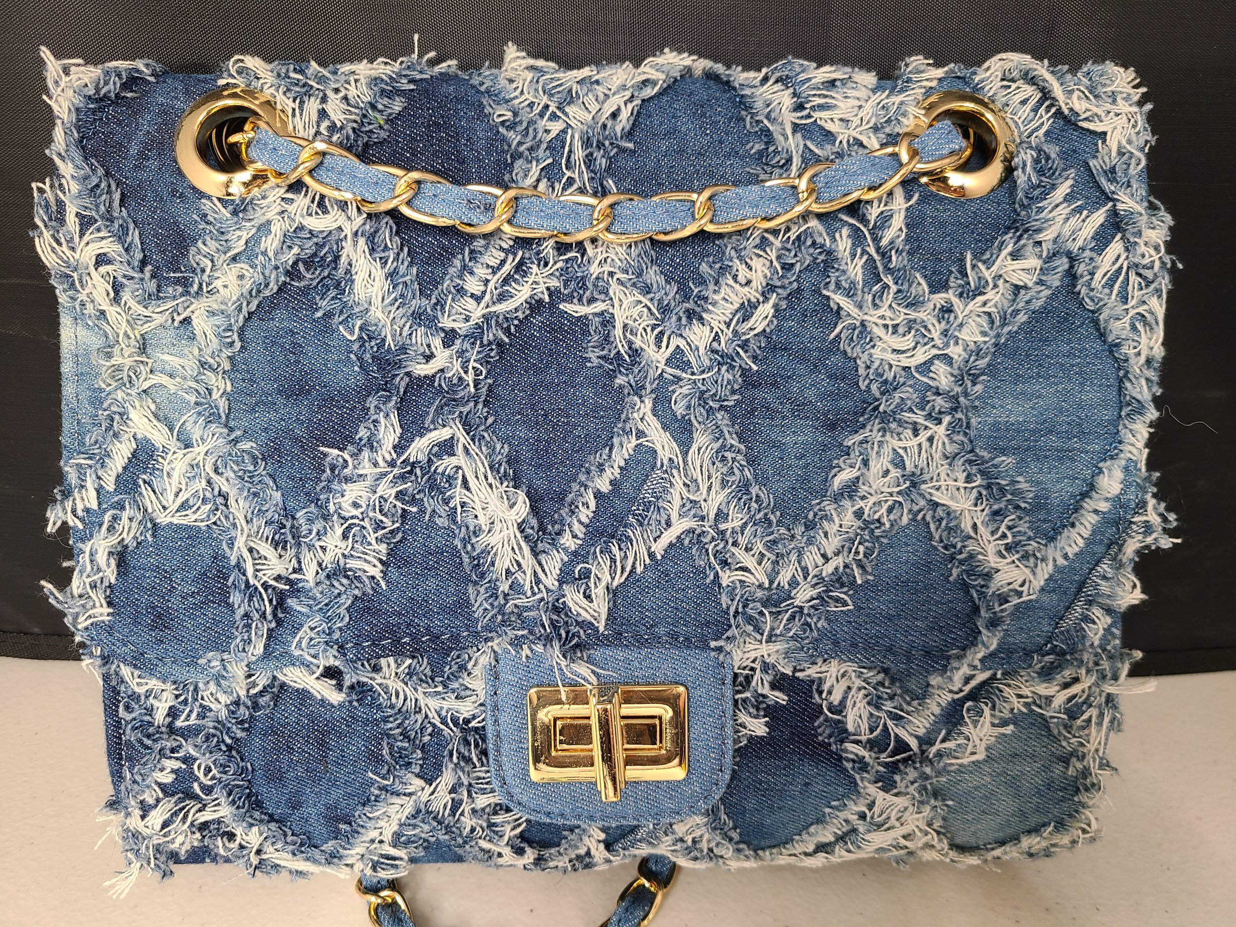 Crossbody Shoulder Bag Quilted Denim with Cross Fray Pattern, Gold