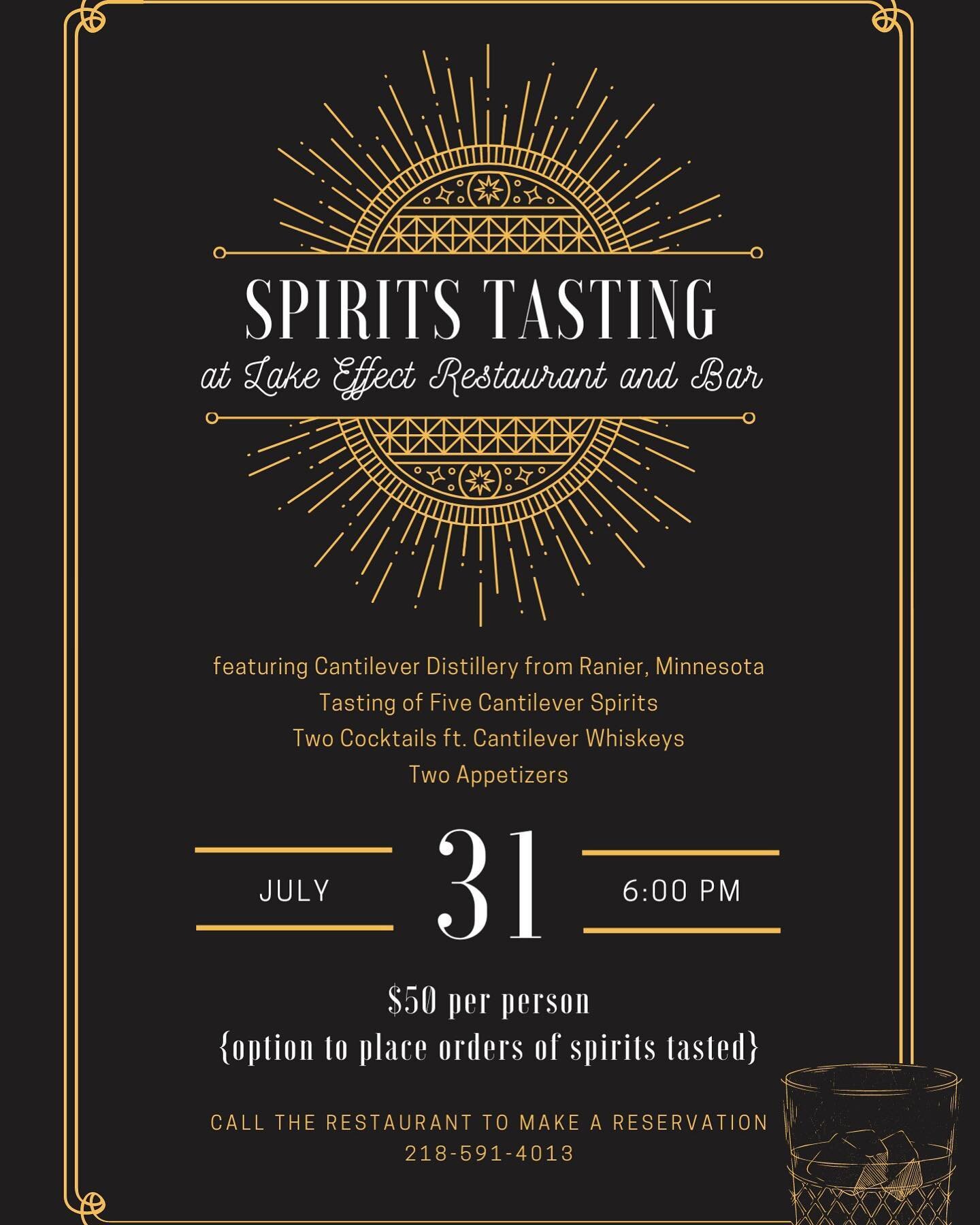 ✨Join us on July 31st, 2023 at 6 pm to taste spirits, cocktails, and enjoy appetizers at Lake Effect Restaurant and Bar!✨

Featuring spirits from Ranier, Minnesota's @cantileverdistillery ! Tasting led by the team at @bourget_imports and Cantilever ?