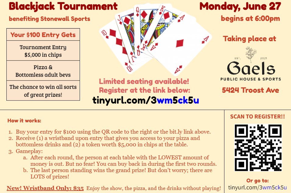 Blackjack Tournament at GAELS to benefit Stonewall Sports