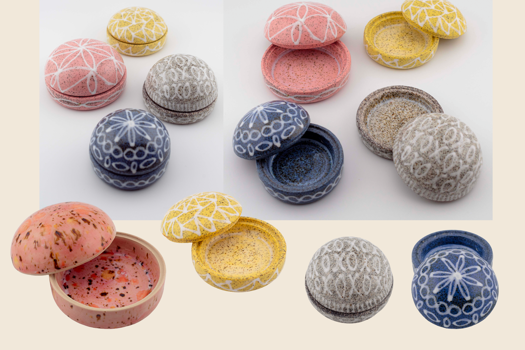 Colorful round cosmetic containers with floral and geometric patterns, some open showing pink or yellow creams, arranged on white and beige backgrounds.
