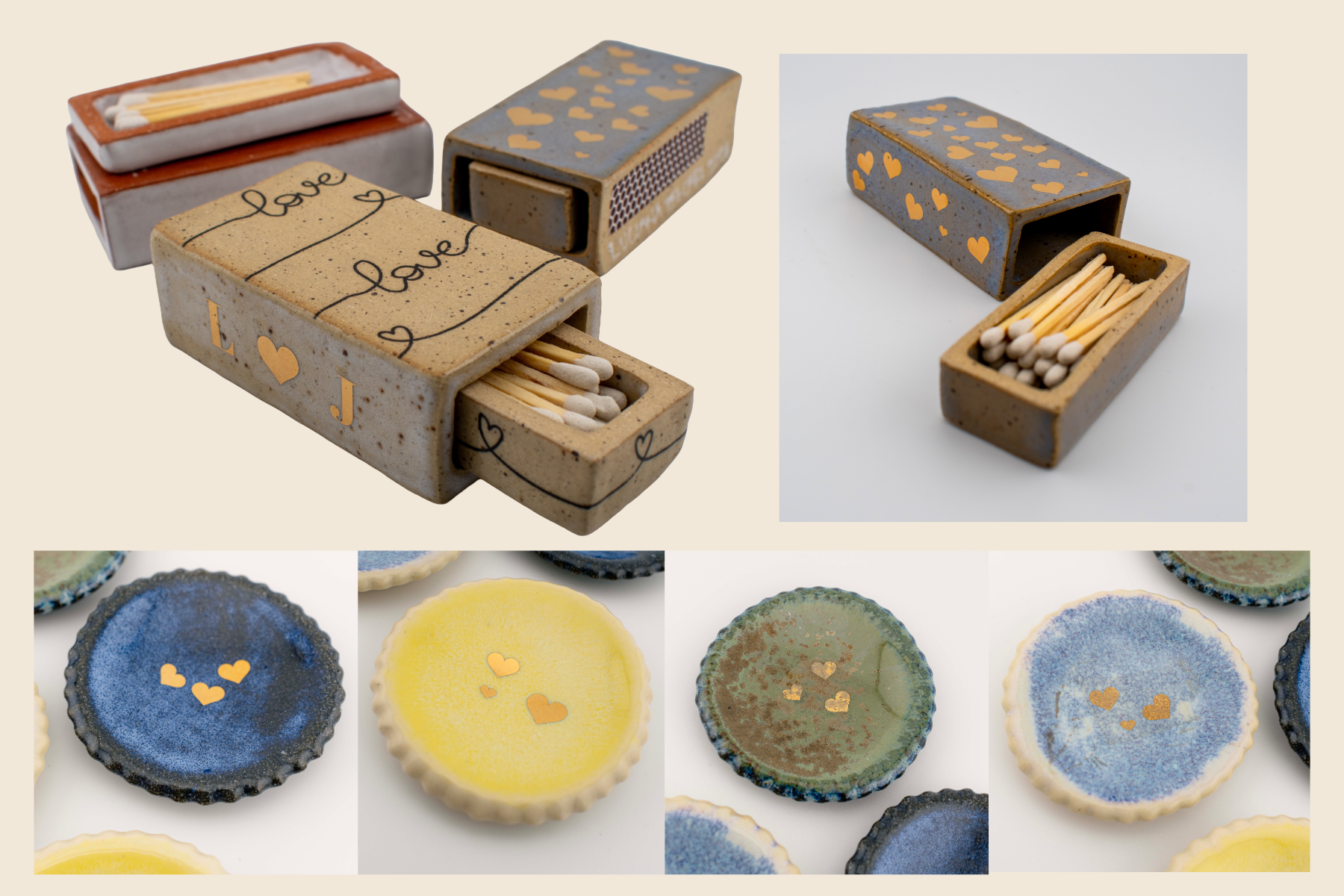 Ceramic matchbox with matches inside and decorative hearts and letters, displayed with several ceramic dishes in blue, yellow, and green, some with heart cutouts.