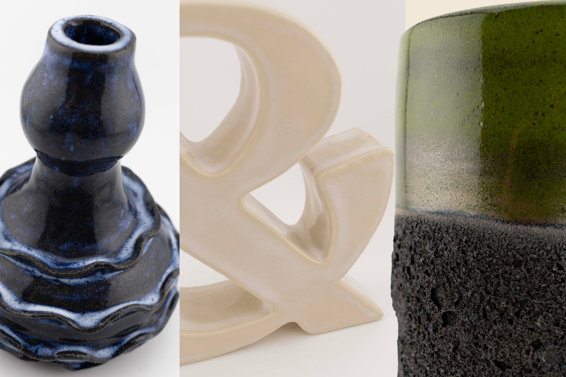 Close-up of three artistic ceramic sculptures with different textures and colors, including blue-glazed, cream, and green with black textured bases.