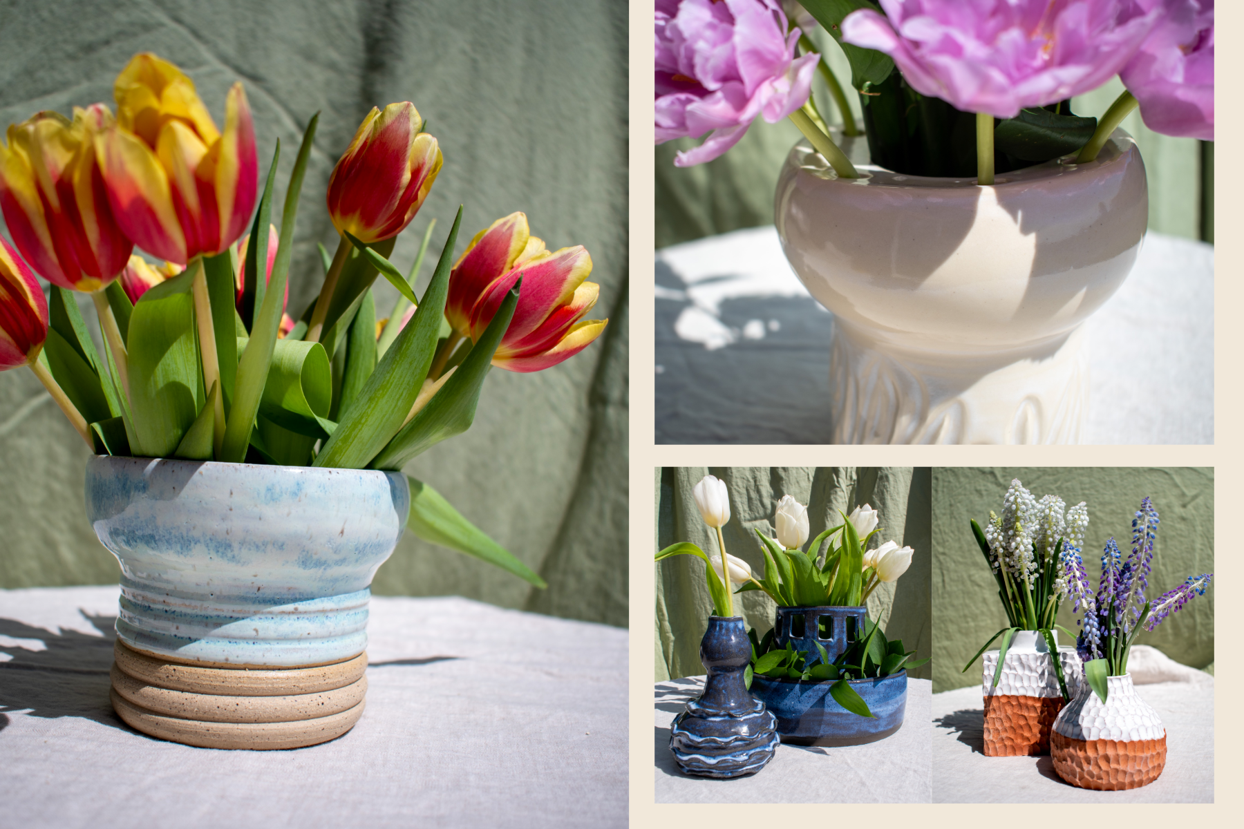 A collage of five photos of various flower arrangements in decorative vases. The top left features a ceramic vase with colorful tulips on a white surface. The top right shows pink peonies in a cream-colored vase. The bottom center displays white tulips in a blue ceramic vase. The bottom right holds purple and white grape hyacinths in textured vases, one white and one reddish-brown.