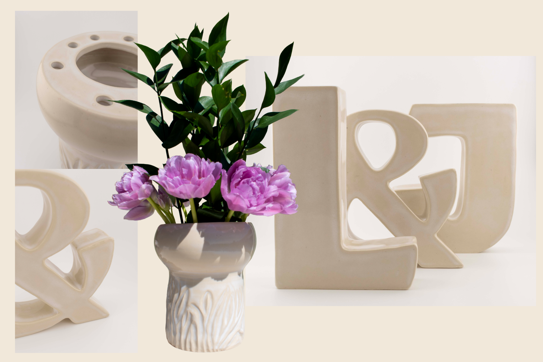 Decorative arrangement featuring a white ceramic vase with pink peonies and green leaves, white ceramic sculptures spelling out 'LOVE' and 'DAD', set against a beige background.
