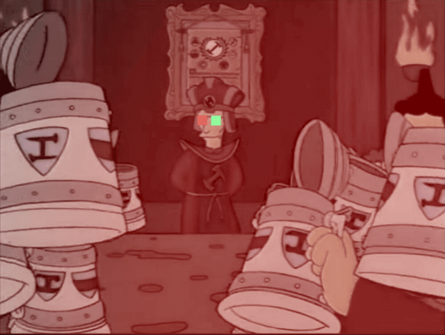 Animated scene featuring multiple frothy mugs of beer or soda being held by cartoon characters in a room with a framed picture on the wall.