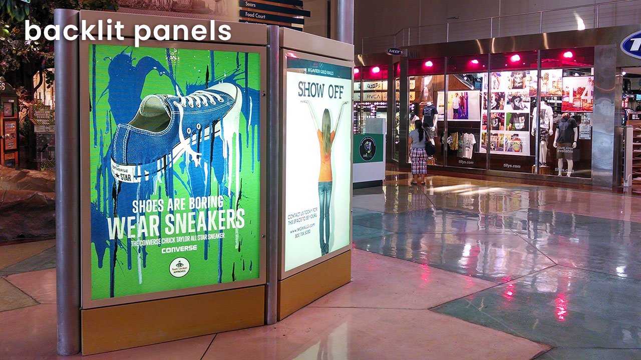 Backlit panels can be freestanding or wall-mounted, and are often found in high-traffic areas. Their backlighting grabs shoppers' attention and offers premium visibility to advertisers.