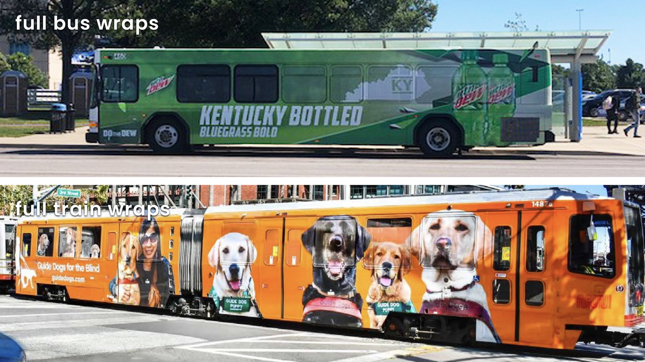 Full bus wraps and train wraps afford the reach and frequency of transit displays while allowing for an advertising area the size of a billboard. This large size provides for creativity and dramatic impact. As a result, full wraps are eye-catching, m
