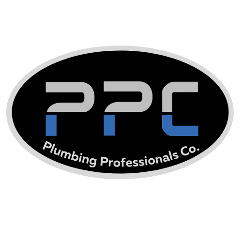 Logo for Plumbing Professionals Co. featuring the initials P, P, and C in a modern font with blue accents, enclosed in an oval shape with a black background.