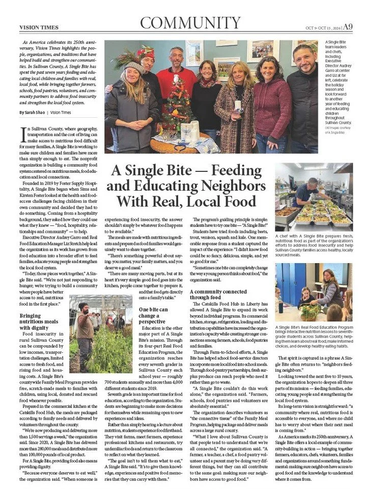 The news publication, Vision Times, a news resource for English and Chinese language readers, recently featured A Single Bite in their Community section. 

We were honored to welcome Sarah Shao and Johnson Ding to A Single Bite&rsquo;s homebase in Li