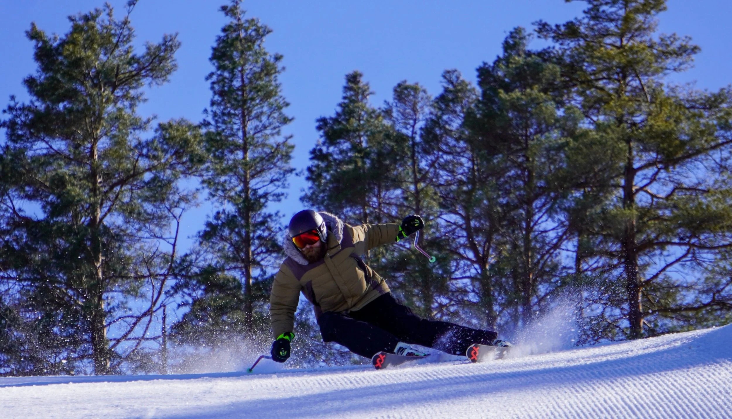 Skier in a brown jacket skiing down a snowy slope with pine trees and a clear blue sky in the background.