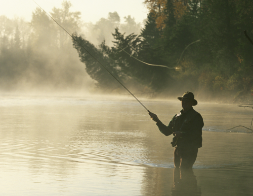 A person fishing in a river at sunrise, surrounded by trees and mist.