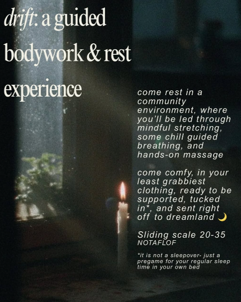 a dimly lit candle sits in a window sill with text describing a rest and massage workshop
