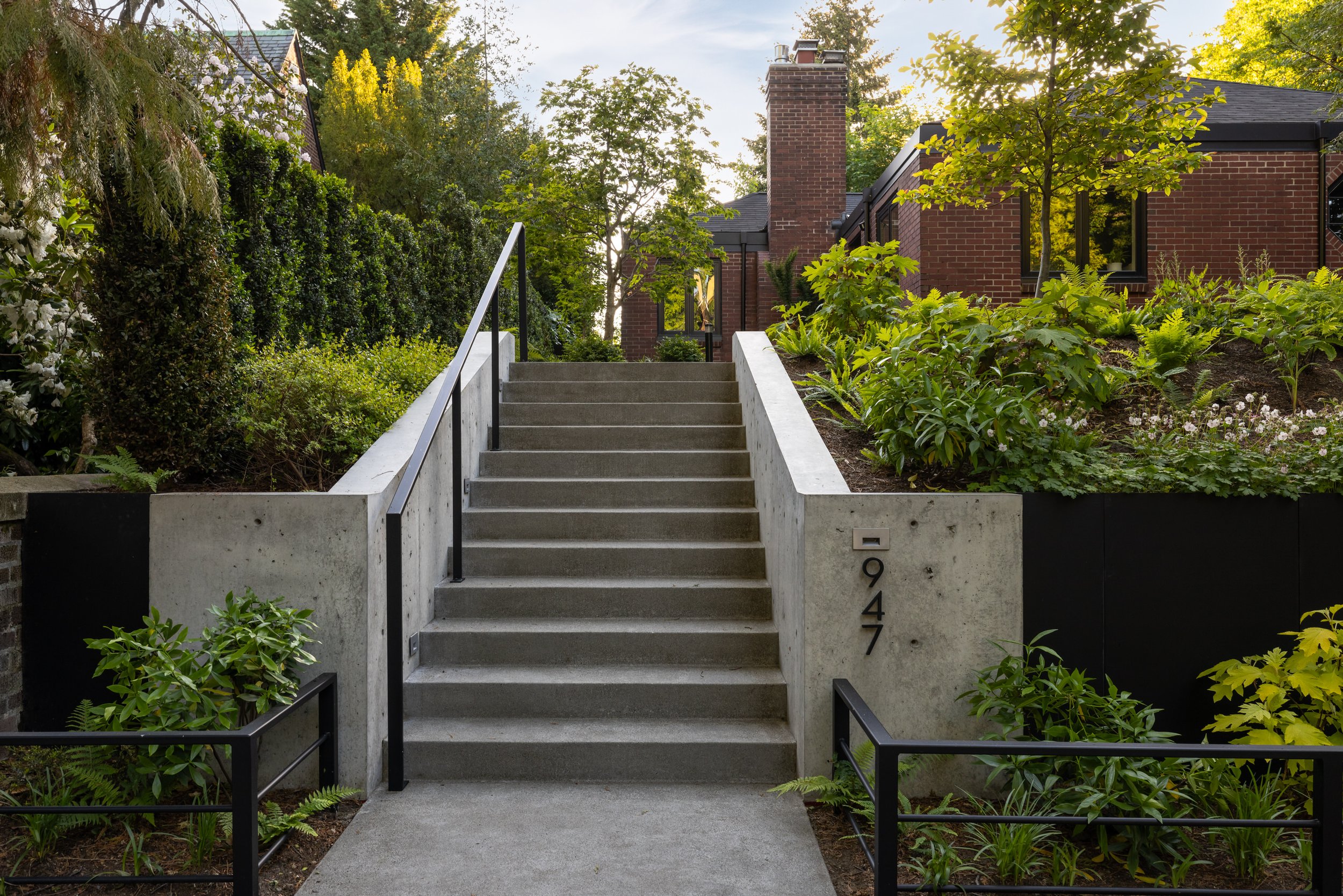 Architectural stairs with visible cone ties. Landscape Architect: Bothwell Landscape Studio