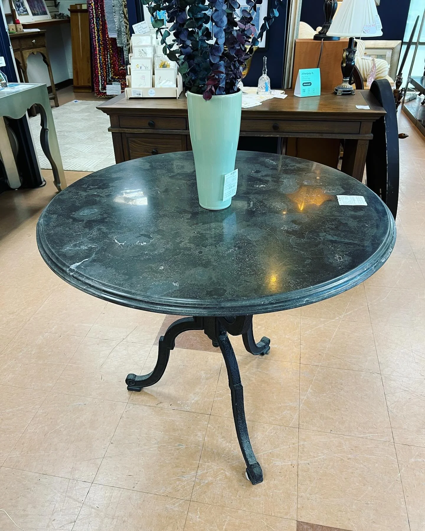 Small Space 36&rdquo; Dining table in bluestone with an iron base 😍