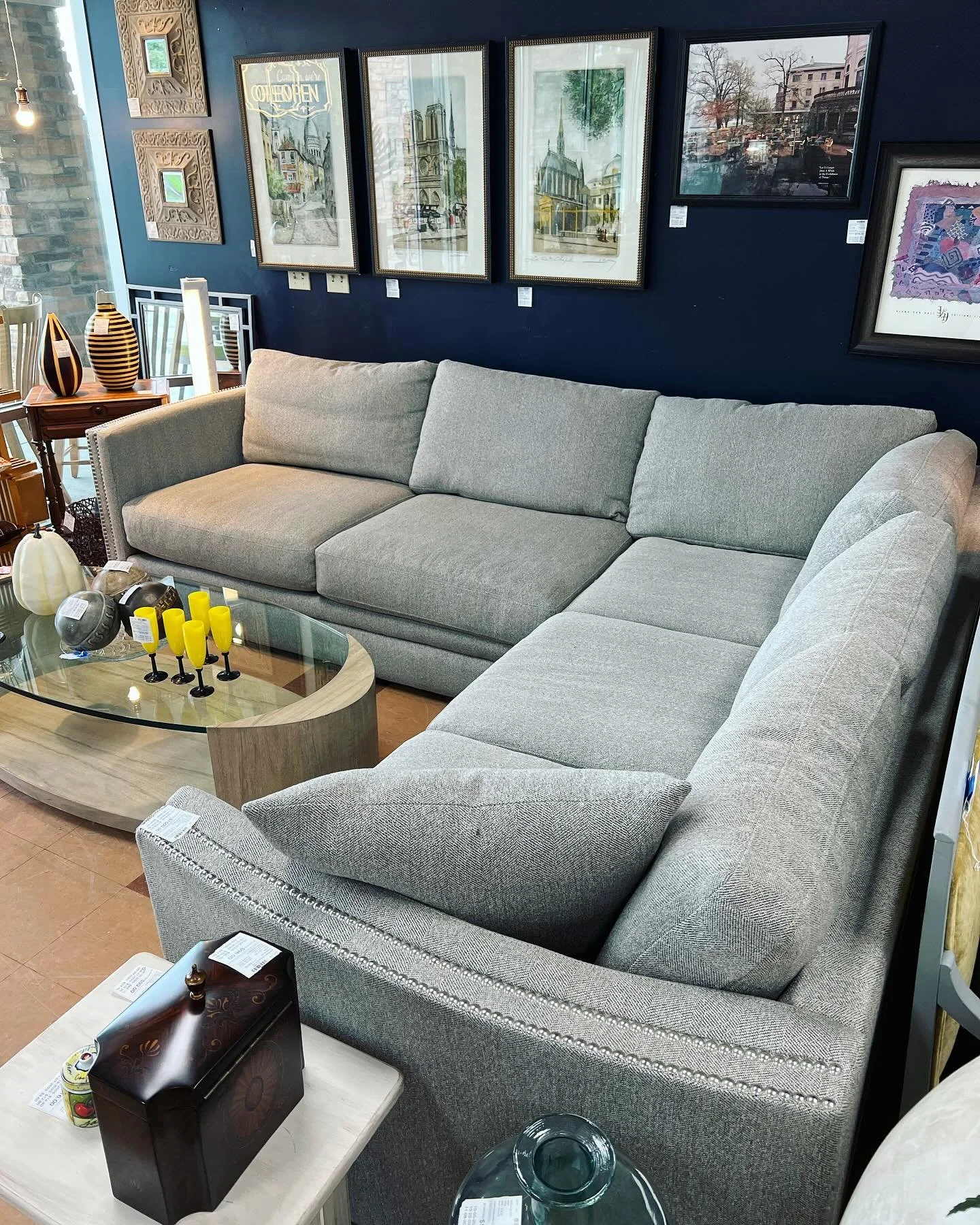 Beautiful Herringbone upholstery on a large scale sectional. This one is 10&rsquo; x 9&rsquo; x 43&rdquo; deep!