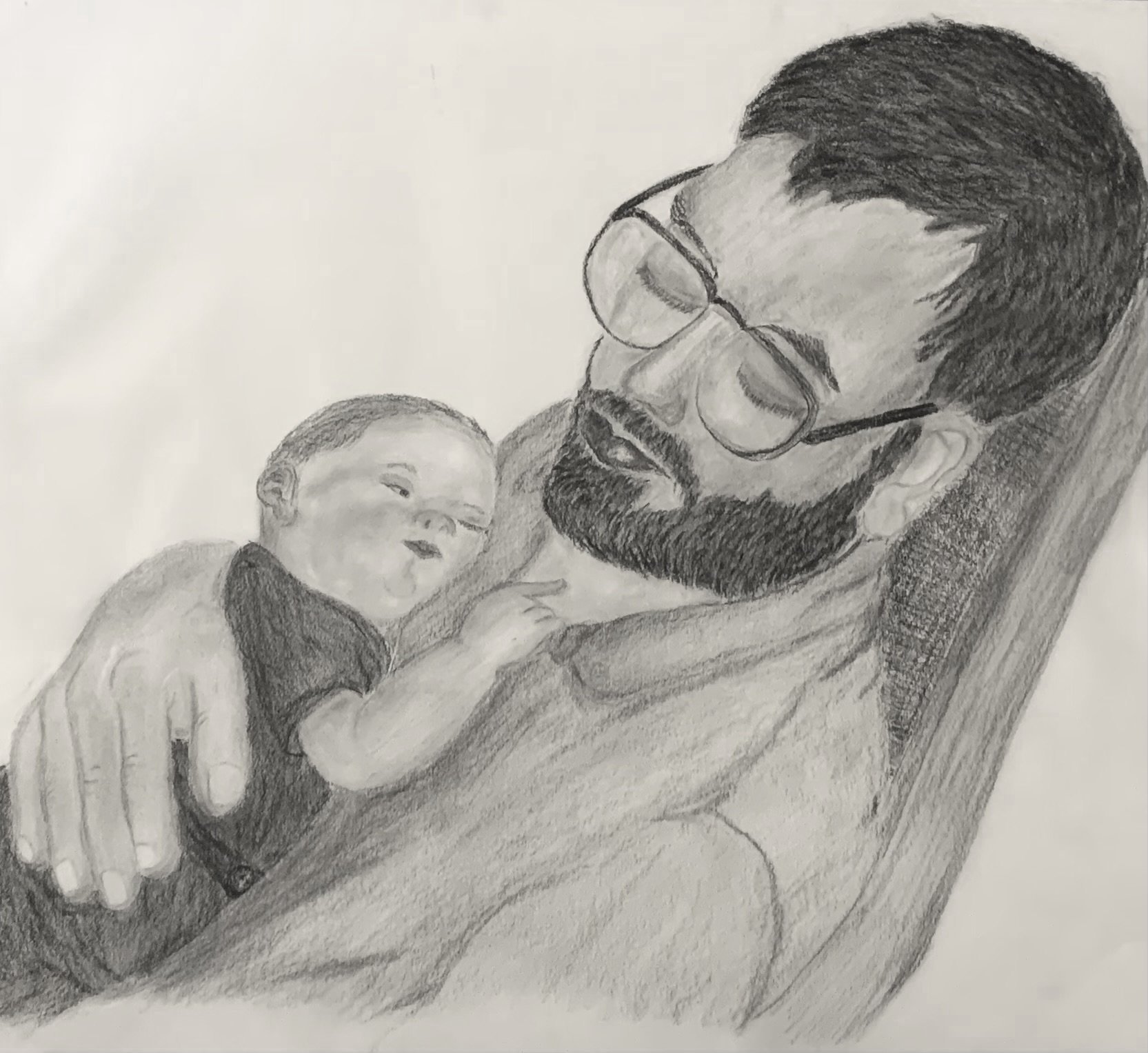Father holding baby in a rocking chair done in charcoal by Diane Newcomer