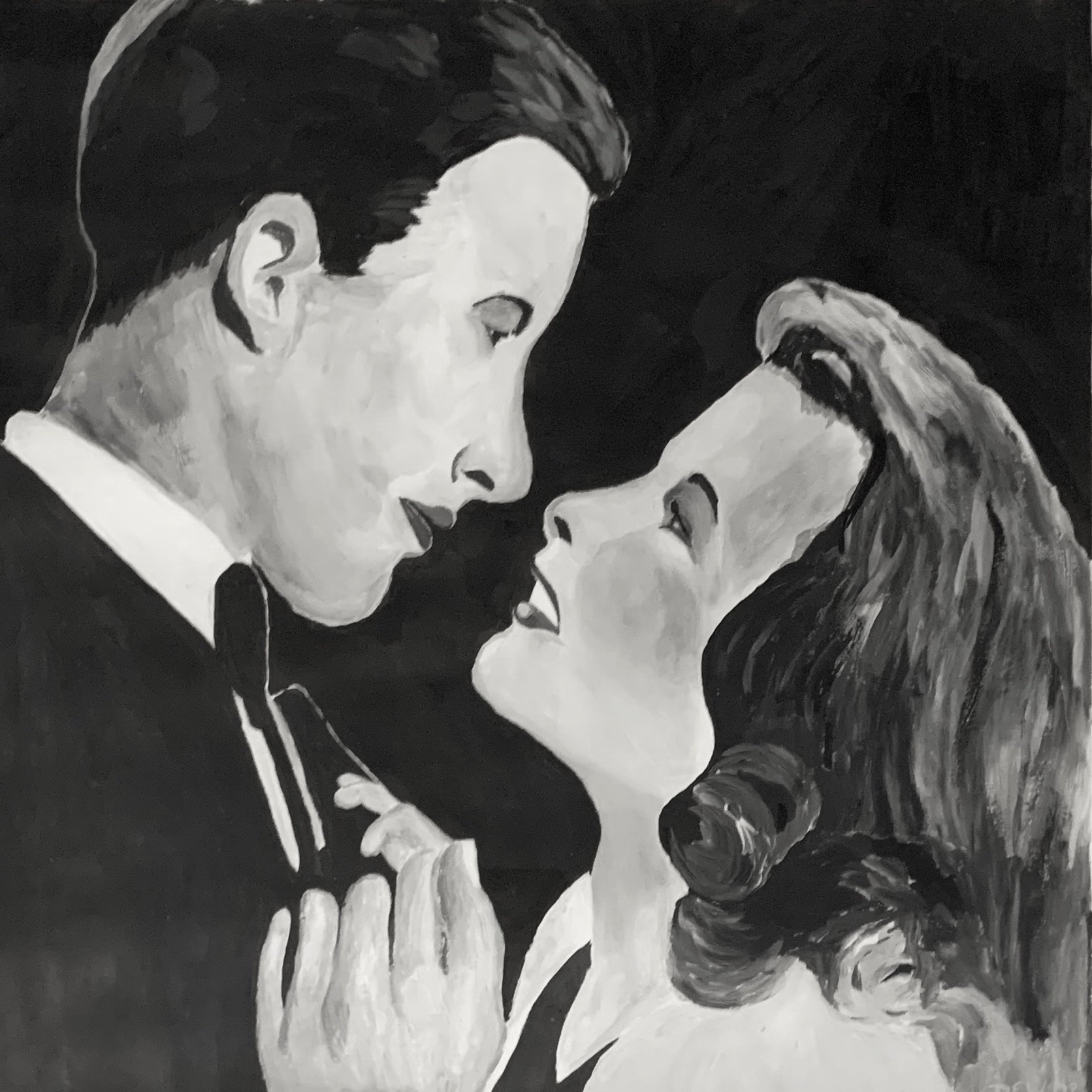 Hollywood couple gazing at each other done in acrylic and ink by Diane Newcomer