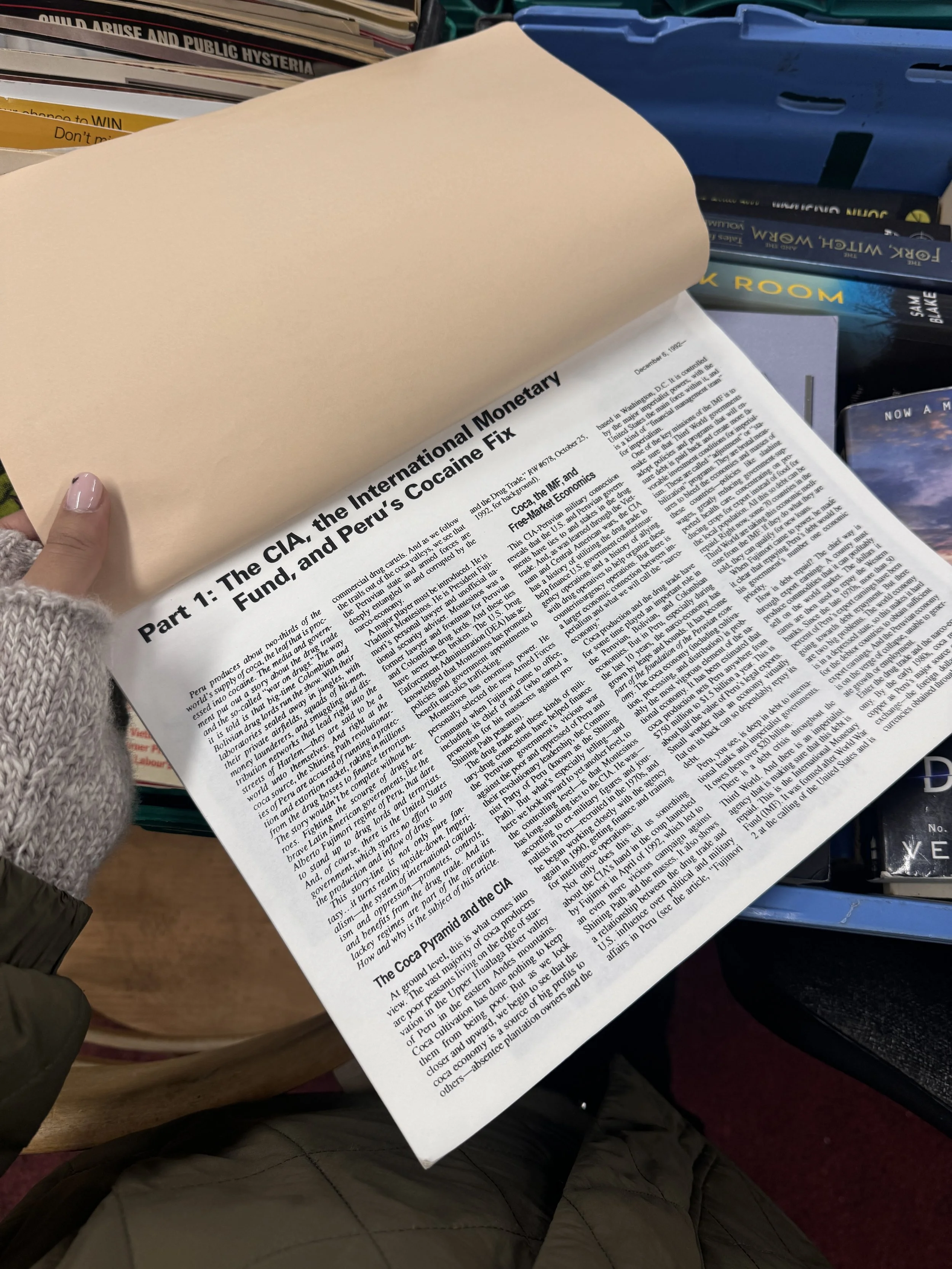  There were many interesting finds here! What caught my eye was a collection of printed papers and articles, specifically this one on how economic policy in the US took advantage of drug trade and led to cocaine issues and criminal activity in South 