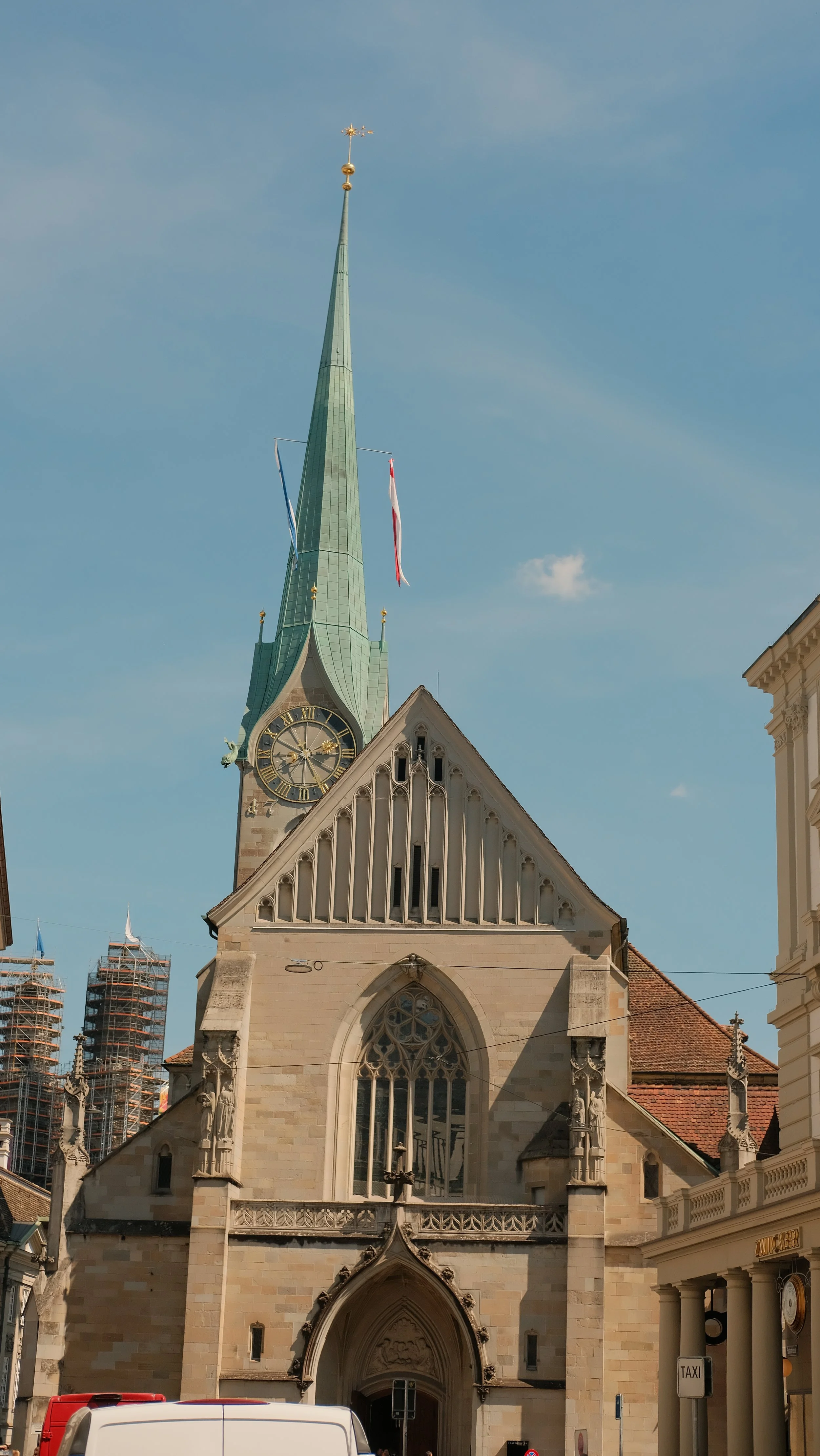  The Fraumünster church sits in the center of old Zurich. It was founded in the mid-800s and includes a convent.  