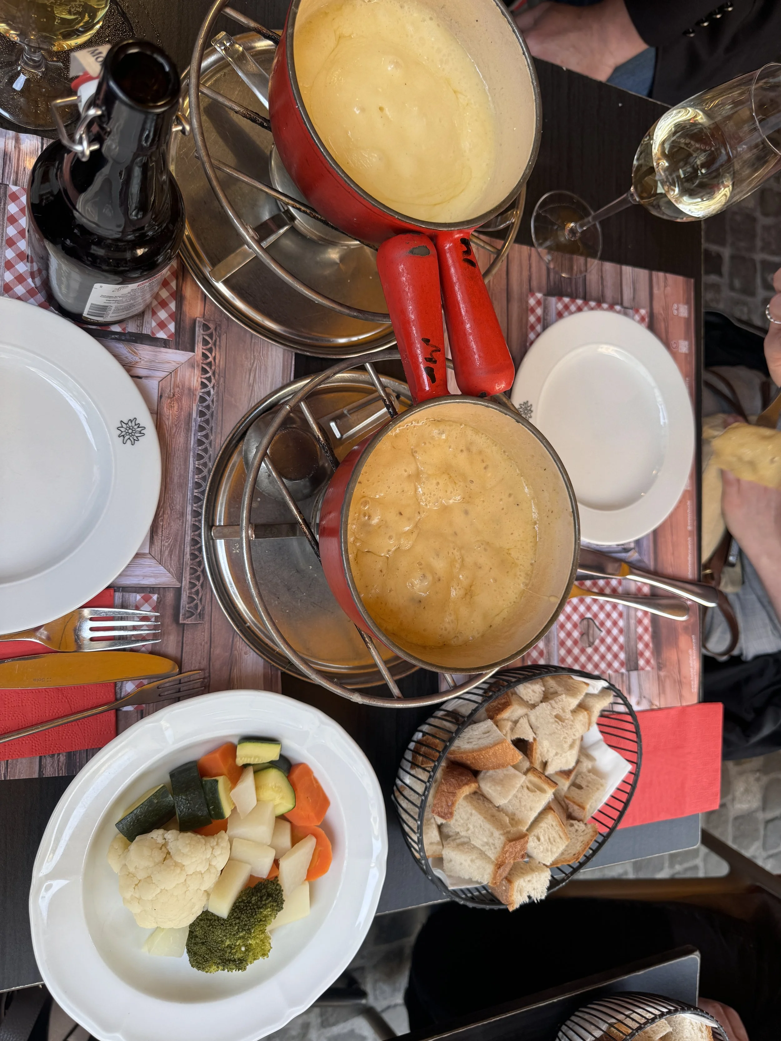  I finally got a chance to meet up with my college friend for some fondue. We had one regular, and one mushroom. The sides were vegetables and bread. It was so delicious, but not as delicious as the Swiss chocolate. 