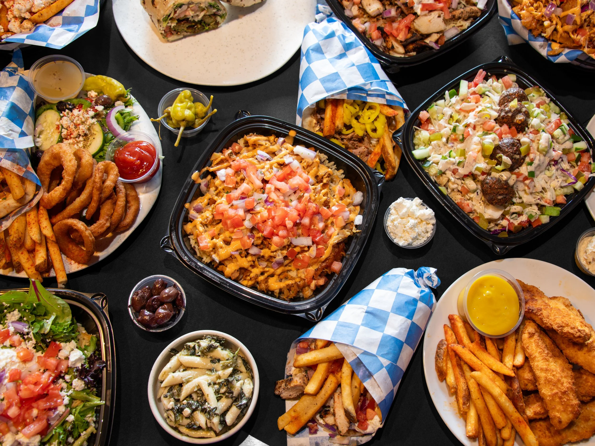 catering options including gyros, salads, fries, sandwiches, soup and appetizers