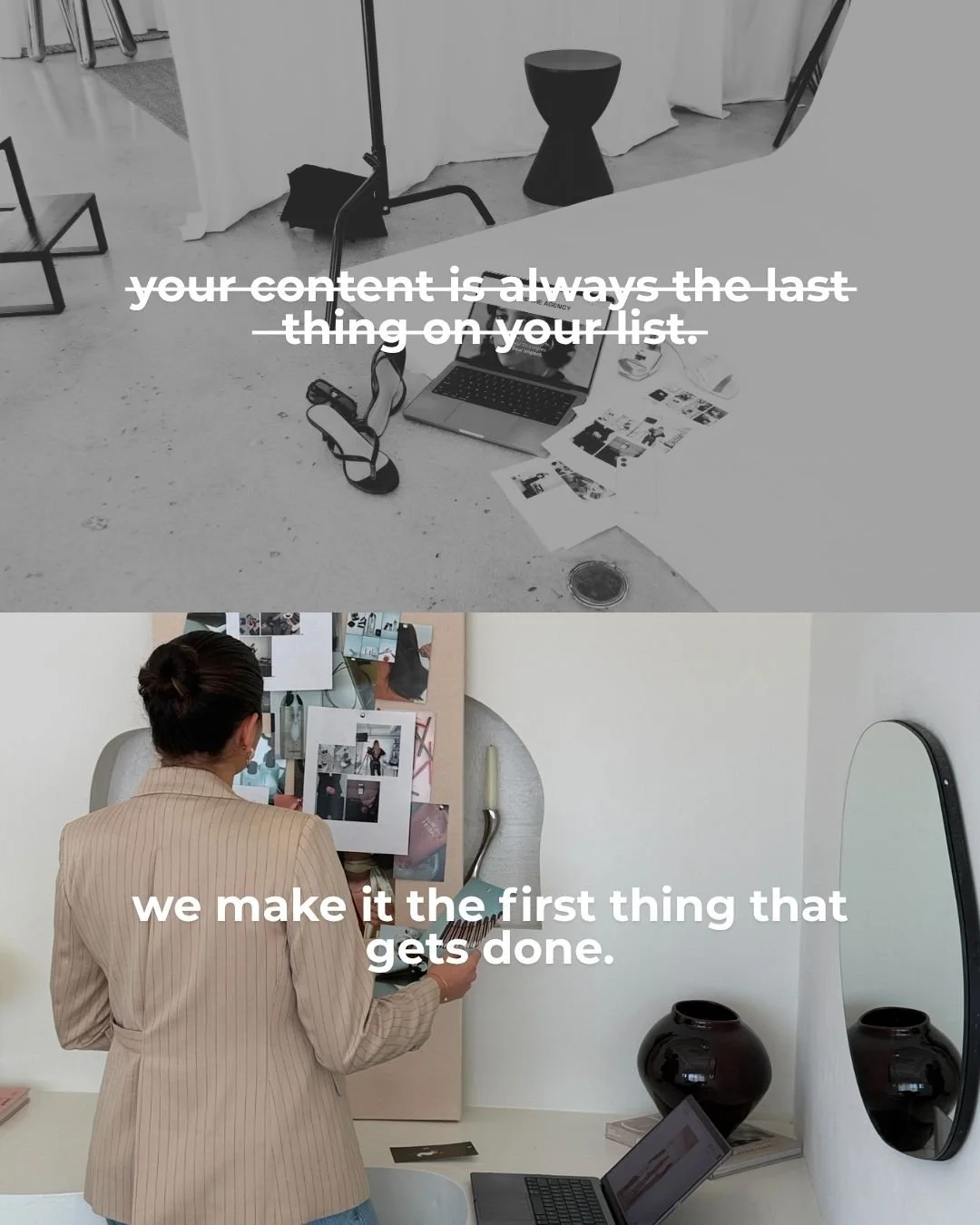 you're running a whole business and somehow content is still on your to-do list every week.
it shouldn't be.

The Content Suite is your outsourced content department &mdash; we show up, we shoot, we deliver. every month. so you can stay focused on wh