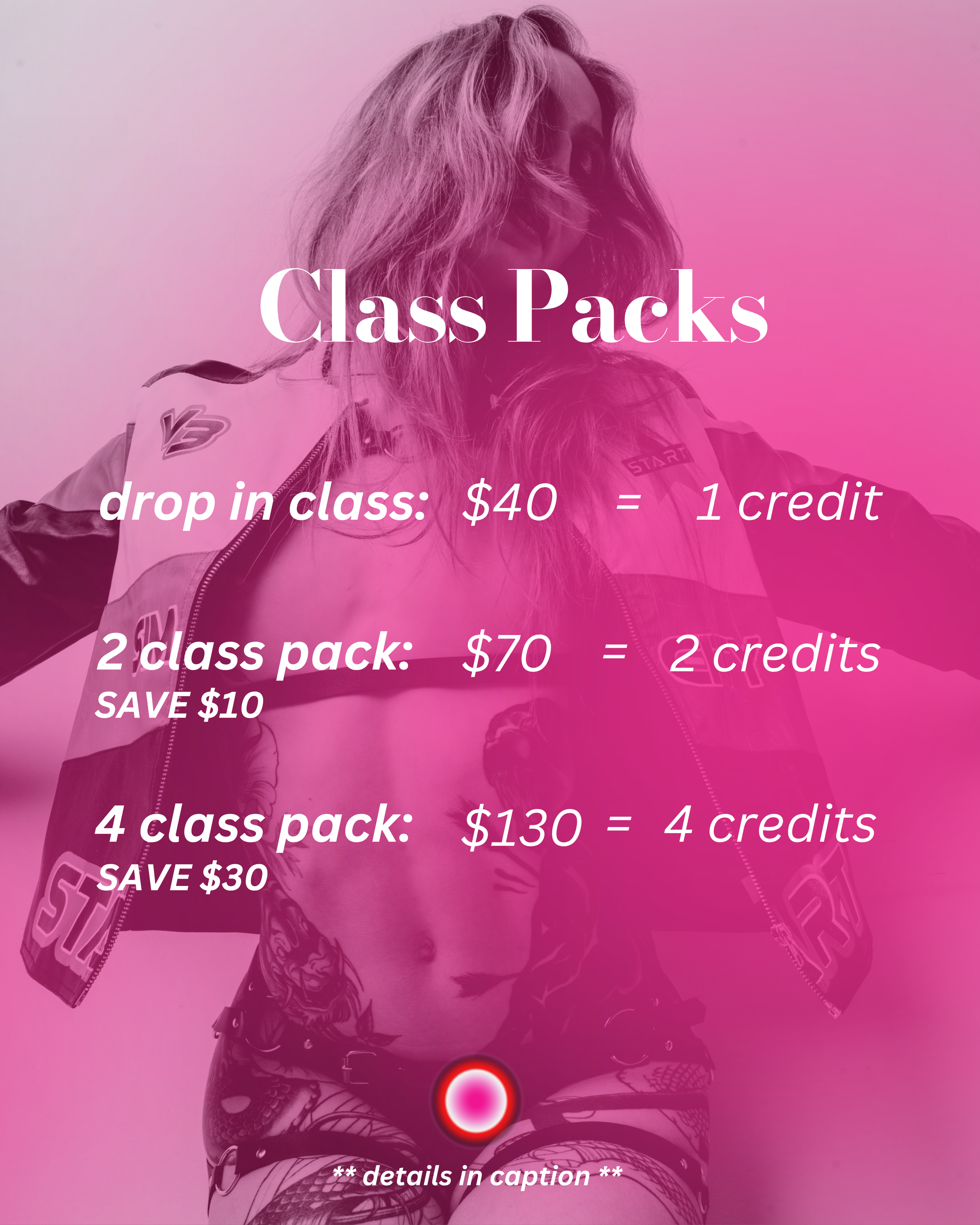 Redd Light Therapy class pack pricing — drop-in $40, 2 class pack $70, 4 class pack $130
