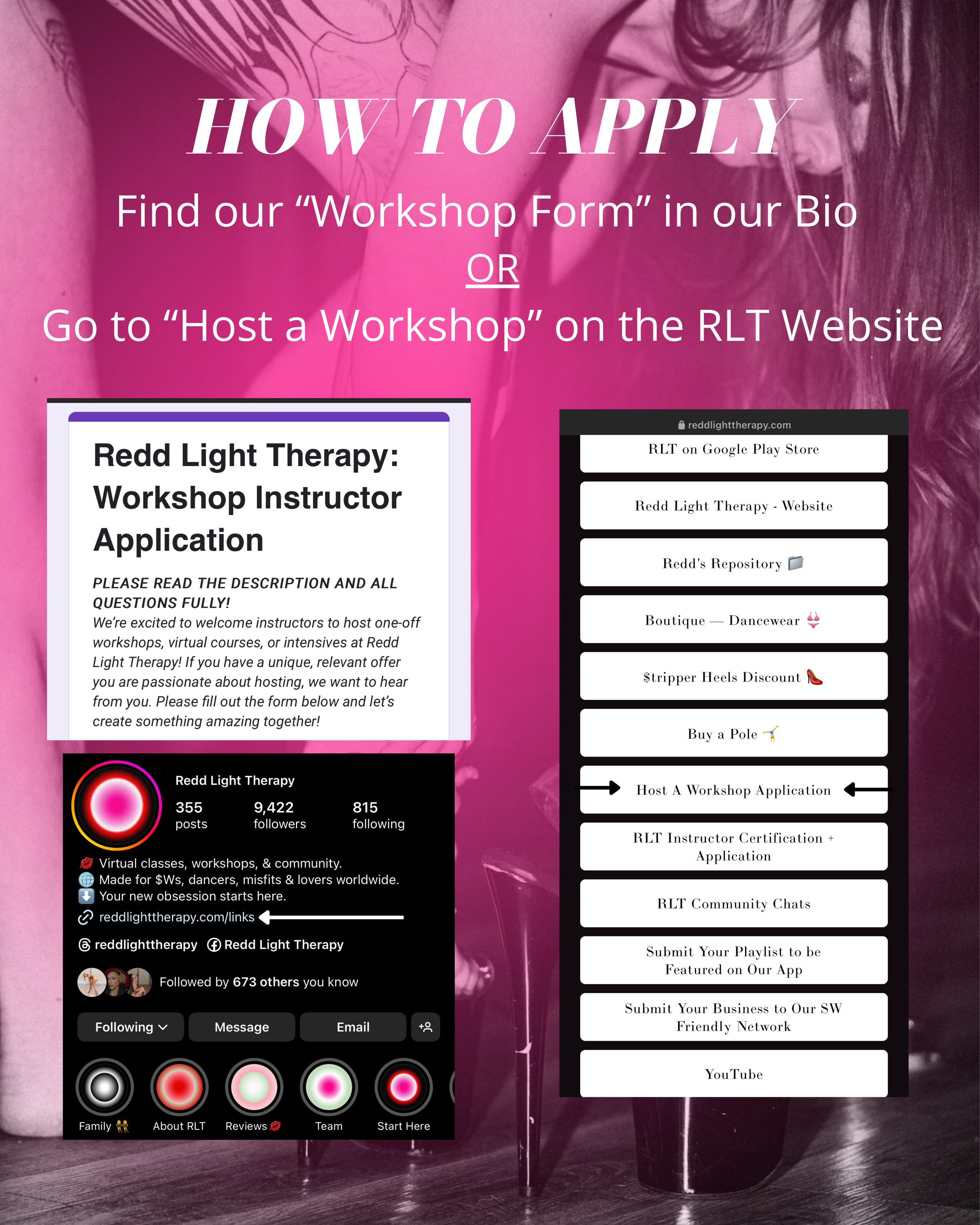 How to apply to host a workshop with Redd Light Therapy — workshop form in bio or Host a Workshop page on the website
