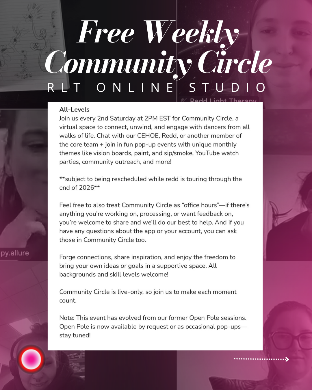 Free Weekly Community Circle flyer for Redd Light Therapy online pole studio, describing the all-levels virtual hangout for dancers and sex workers