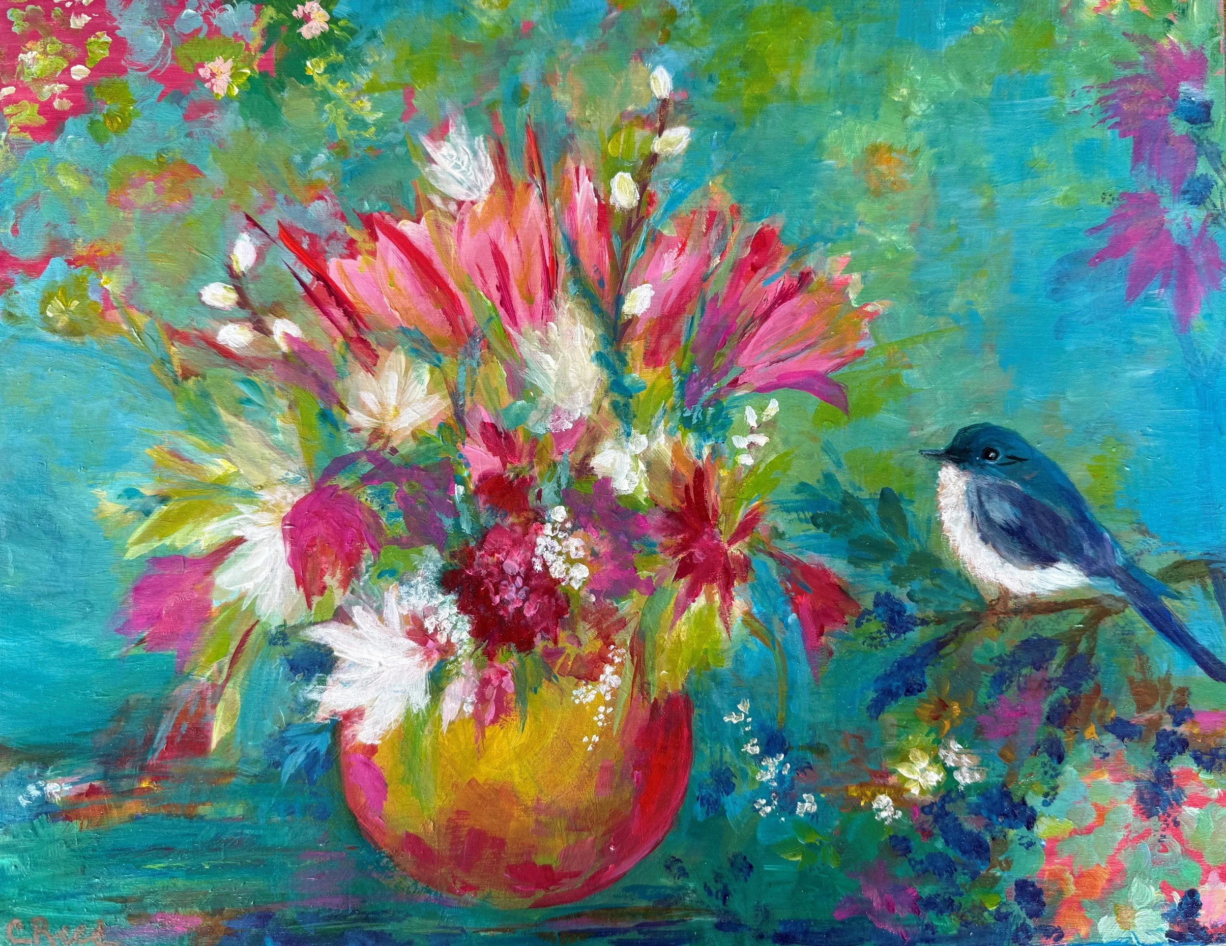 Floral Bird - 11x14 - Acrylic on Board