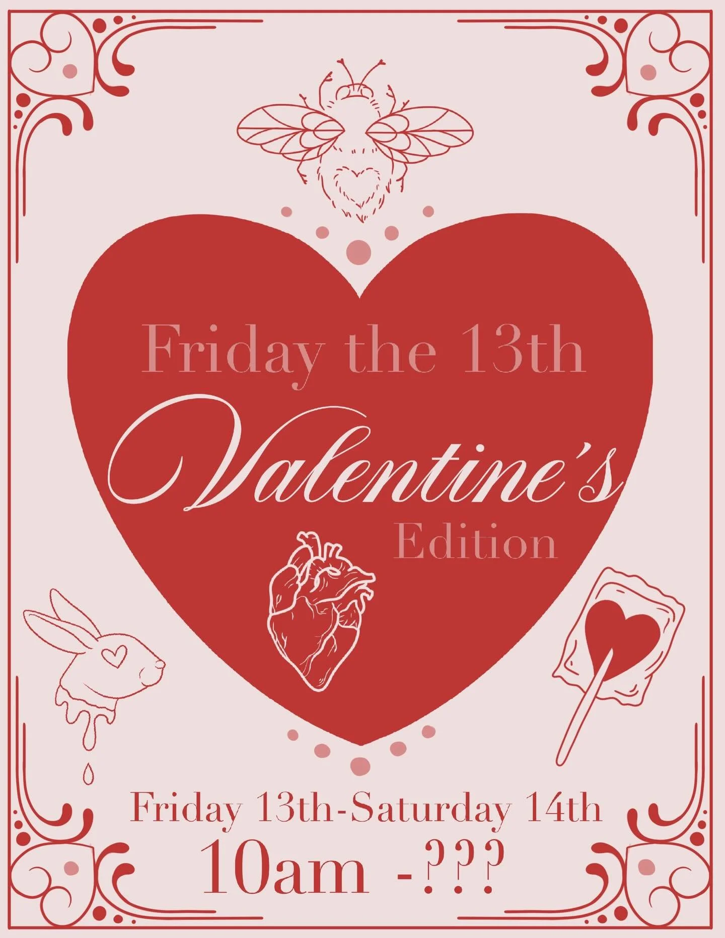 Love hurts, but make it cute &hearts;️💔

Friday the 13th to Saturday 14th at 10am-???
$30 for one &bull; $50 for two
Pre drawn designs only, walk ins and appointments welcome

Designs will be posted next week

#madisonwi #friday13 #valentinesday #ta