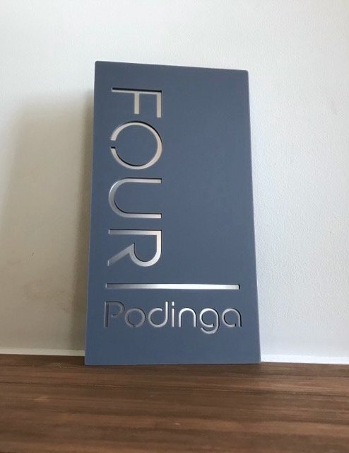 40x20cm House sign, mid grey with brushed silver letters.