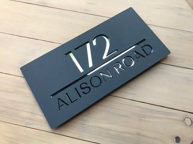 30x15cm House sign, mid grey with reflective mirror letters.