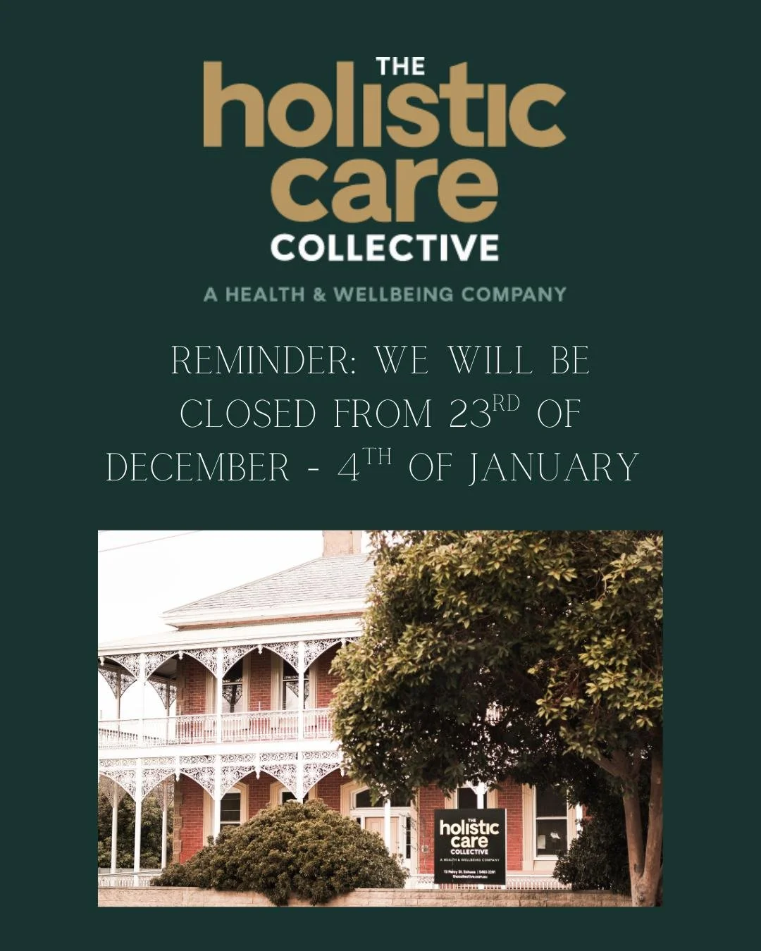 🎄 Holiday Closure Notice 🎄
A friendly reminder that our clinic will be closed over the Christmas and New Year period.
📅 Last day open: 23rd December
📅 Reopening: 5th January
We wish all of our patients a safe, restful, and happy holiday season an